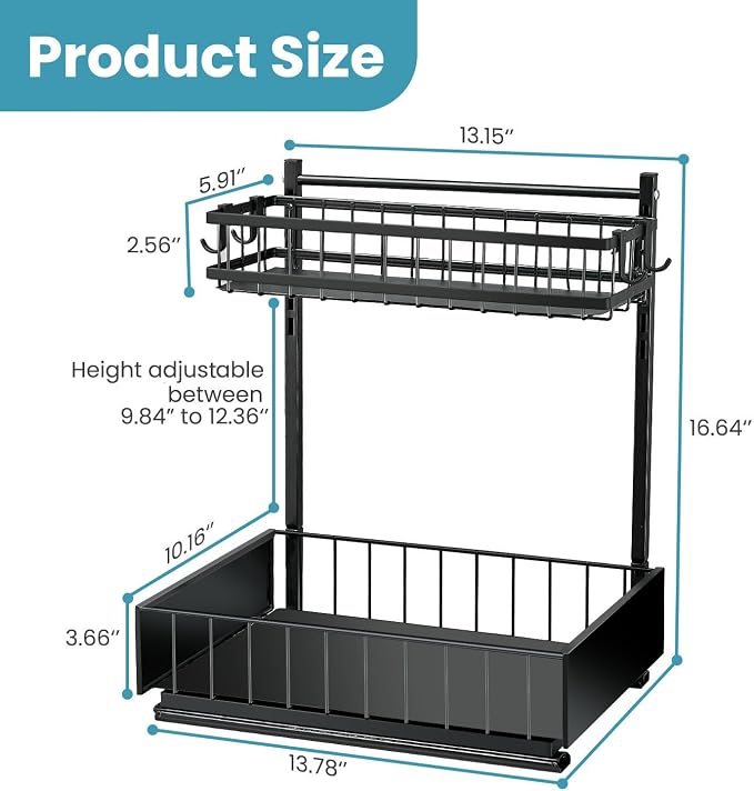 sagetta Black Under Sink Organizers with Sliding Rails Two Pack Under Kitchen Sink Organizers and Storage Pull out Kitchen Cabinet Organizer Height Adjustable Cabinet Storage Shelves Two Tiers
