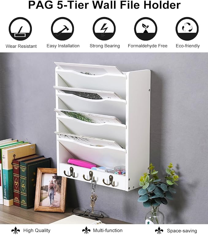 PAG 5-Tier Wall File Holder Hanging Mail Organizer Wood Magazine Literature Rack with 6 Hooks, White