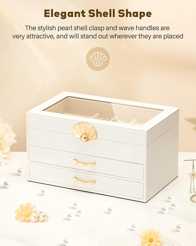 Enthralite Jewelry Box with 2 Drawers: Display Organizer for Earrings Necklaces - Gift for Girls Women (White) | Space-Saving Design for Elegant Vanity Order - Storage for Ring Earring Necklace Bracelet - Suits Women Who Value Style