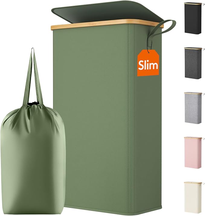 Lifewit 65L Slim Laundry Hamper with Lid, Narrow Laundry Basket with Removable Bag & Bamboo Handles, Fodable Thin Dirty Clothes Hamper for Laundry Collapsible Bin for Bathroom Bedroom Dorm, Green