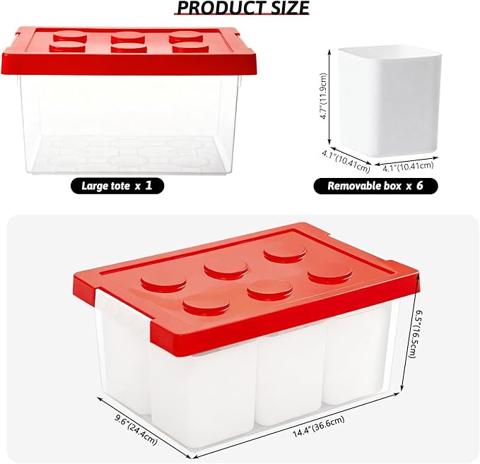 Plastic Storage Bins with Lids, Art Craft Supply Organizer Box with Brush Pot, Multipurpose Stackable Storage Containers for Organizing Tool, Craft, Crayon,Sewing (Red)