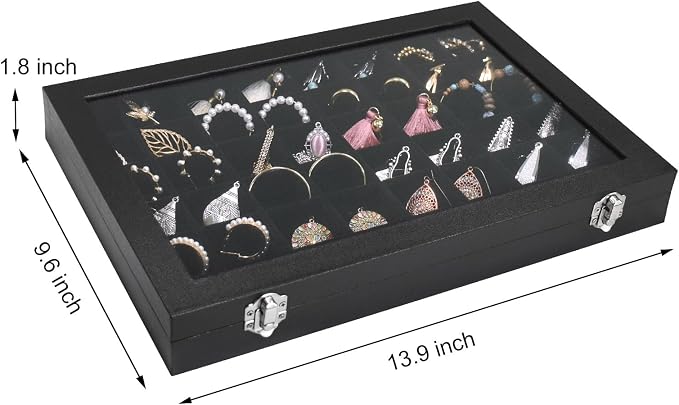 Siveit Jewelry Tray Organizer Box 48 Grid Jewelry Display Organizer Box with Transparent Lid Rings Earrings Necklaces Pendants Display Box Suitable for Women and Girls (48 Grid, Black)