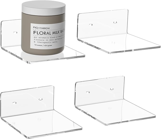 6 Inches Clear Small Wall Shelves, Acrylic Floating Shelf for Small Space, Acrylic Display Ledges for Funko Pop Figures, Home Décor, Plants, Smart Speaker, Digital Clock, 4 Pack