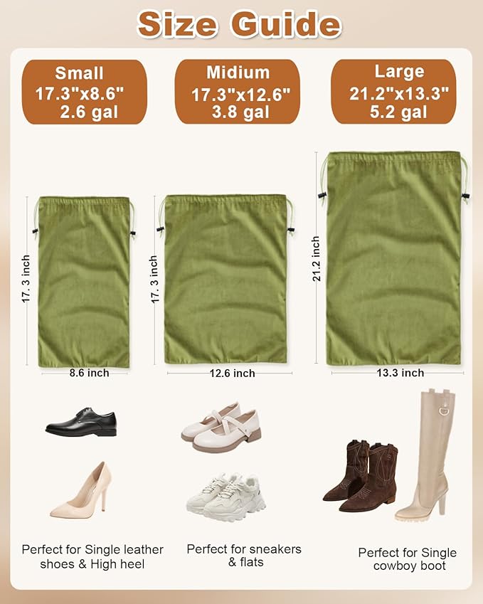 2 Pcs Shoe Bags for Travel, Dust Velvet Bags, Sage Green, 17.3x12.6 Inch | Washable & Reusable Travel Shoe Bags, Dustproof Shoe Bags with Drawstring Closure, Suitable for Travel, Home Storage