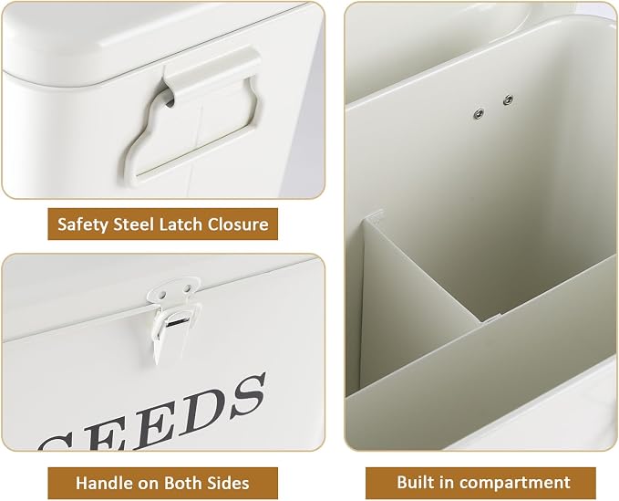 Seed Storage Organizer, T-Shape Compartment Seed Box with Safety Lock, Metal Seed Saving Box, Portable Seed Bin Container with Handle, Including 2 Pens 20 Plant Labels 50 Seed Envelopes-White