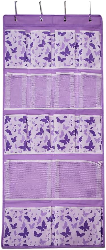 16 Pockets Over Door Hanging Storage Organizer with 4 Kinds Pouches for Shoes,Sock,Hat,Underwear,Handbag,Cosmetics,Toiletry,Behind Door Hanging Shelf Space-saving for Bathroom,Bedroom,Entrance,Purple