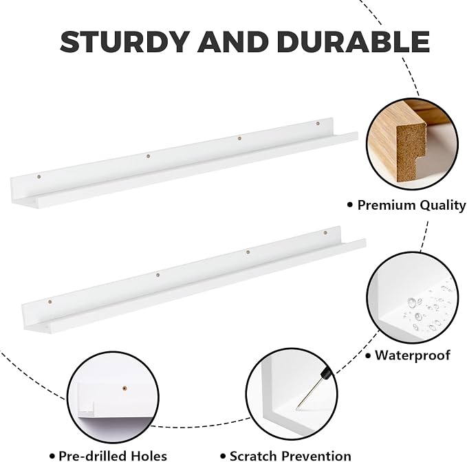 Muzilife 55" Large Floating Wall Ledge Shelves with Lip - Set of 2 Wood Floating Shelves - White Wall Mounted Picture Ledge for Office, Bathroom, Bedroom, Living Room, Kitche