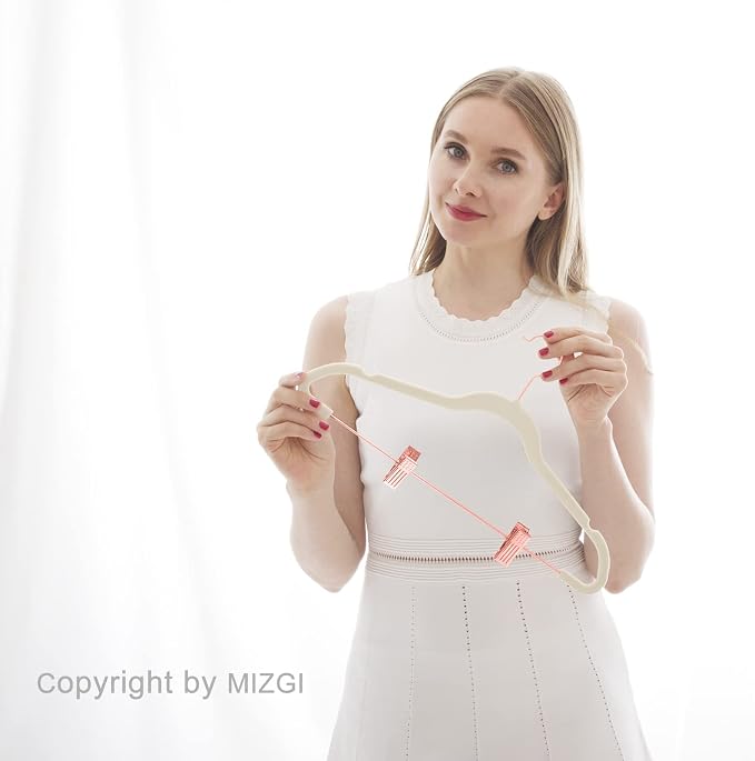 MIZGI Premium Velvet Pants Hangers with Clips (Pack of 20) - Slim Skirt Hangers - Non Slip Felt - Ivory - Copper/Rose Gold Hooks - Space Saving Shirt Clothes Hangers