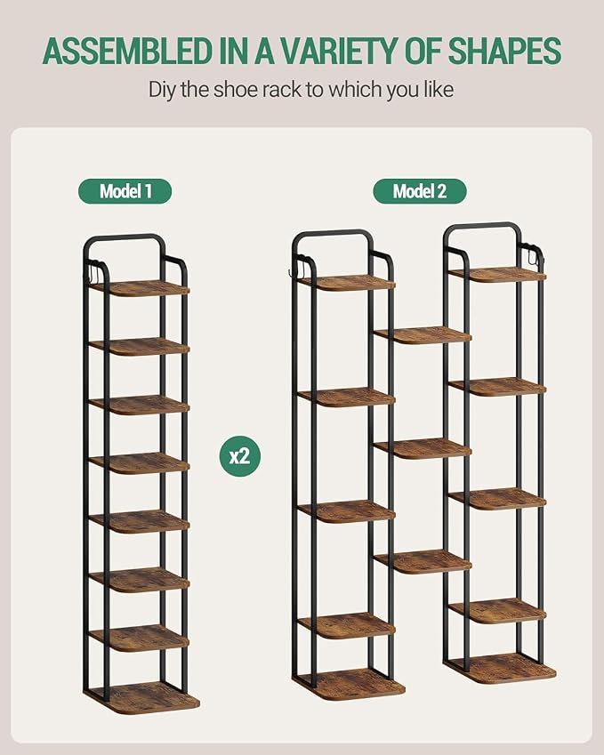 Hzuaneri 8 Tiers Vertical Shoe Rack, Narrow Shoe Tower, Tall Shoes Shelf with 2 Hooks, Adjustable Shelves, Corner Shoes Shelves for Small Spaces, Entryway, Living Room, Rustic Brown SR04301B