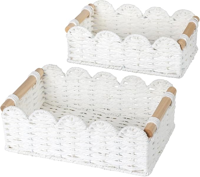 Graciadeco 2 Pack Scalloped Wicker Basket Paper Rope Storage Baskets with Wooden Handles Hand-Woven Organizer Bin Wicker Storage Baskets for Organizing, Home Decor (White)