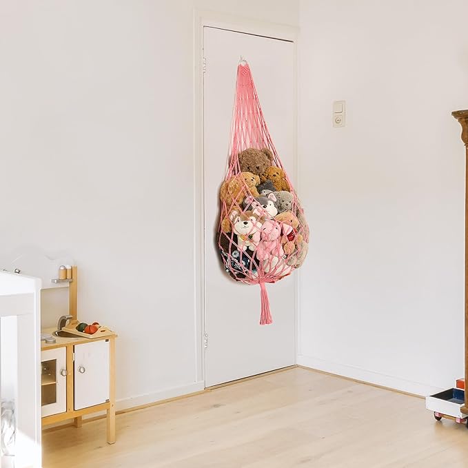 Amdermi Stuffed Animal Net or Hammock Corner Hanging Net for Stuffy Animal Storage Macrame Toy Display Plush Toy Holder Wall Pet Net for Nursery Kid Bedroom Decor Playroom Organizer (Pink)
