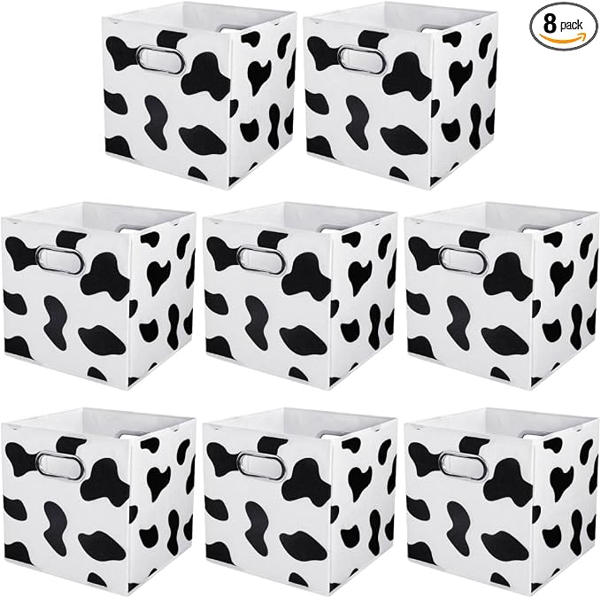 ANMINY Cow Print Cube Storage Bins with Handles, Washable, Collapsible | Cotton Linen Fabric, PP Plastic Board, Animal Print Decor, Storage Basket for Closet Shelf, 11 x 11 x 11 Inch, 8PCS