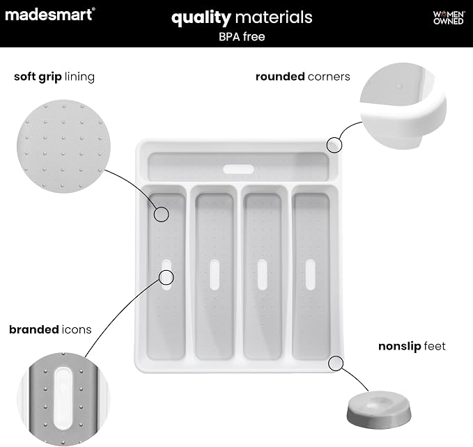madesmart Classic Small Silverware Tray - White | CLASSIC COLLECTION | 5-Compartments | Icons help sort Flatware, Utensils and Cutlery | Soft-grip Lining and Non-slip Feet | BPA-Free