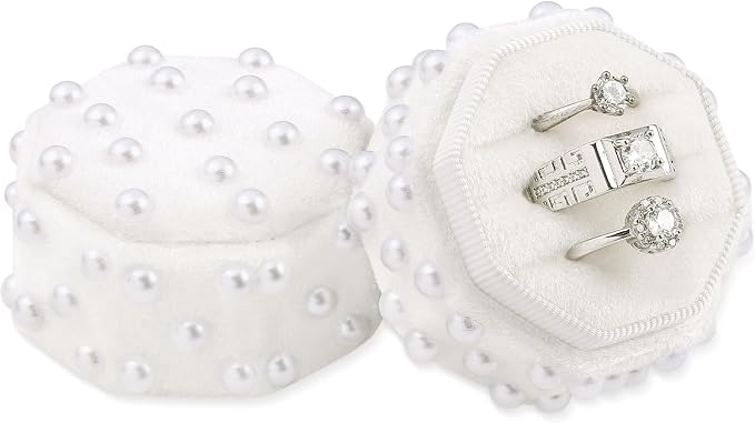 WantGor Velvet Ring Box, 3 Slots Jewelry Ring Gift Box Vintage Ring Holder | Ring Display Case for Wedding Ceremony Proposal Engagement (White Pearl)