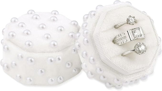 WantGor Velvet Ring Box, 3 Slots Jewelry Ring Gift Box Vintage Ring Holder | Ring Display Case for Wedding Ceremony Proposal Engagement (White Pearl)