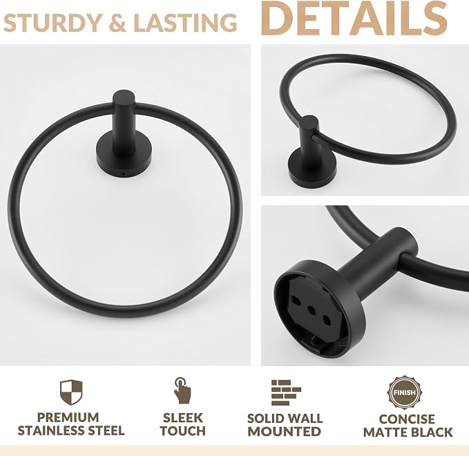 APLusee Matte Black Towel Ring Wall Mounted, Hand Towel Holder for Bathroom, Solid Stainless Steel Round Wall Hanger
