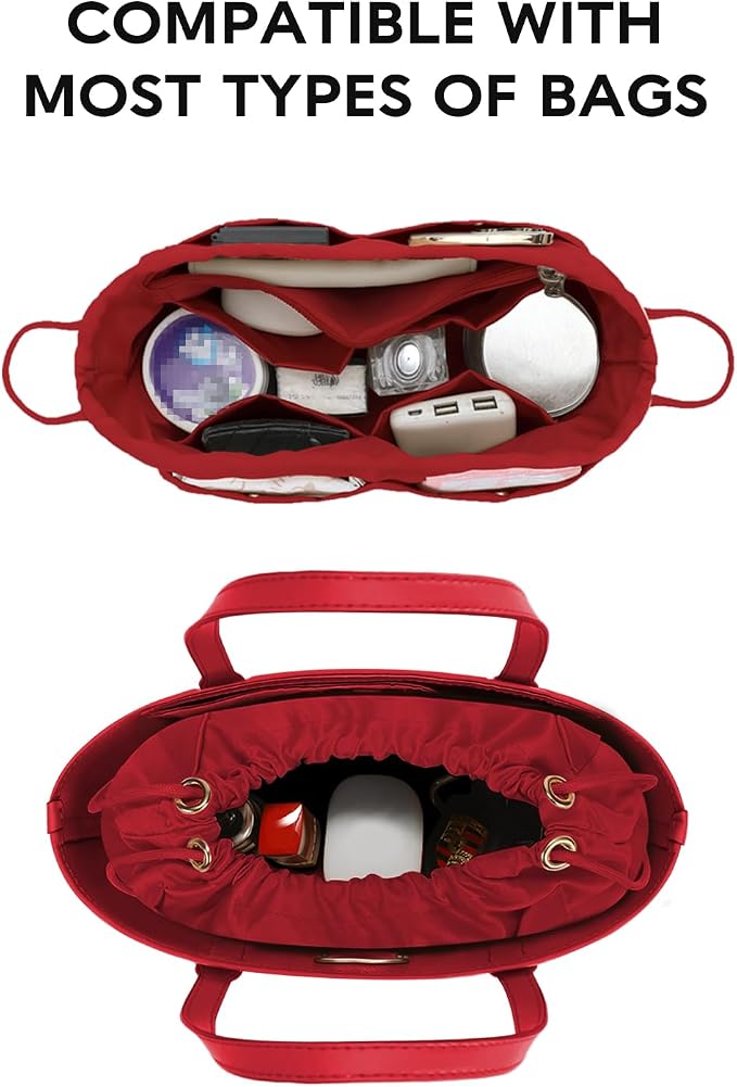 GIVLEFLY Purse Organizer Insert for Tote Bag, Satin Fabric Handbag Organizer with Multiple Pockets, Drawstring Bag Organizer Insert, Lightweight Bag Insert