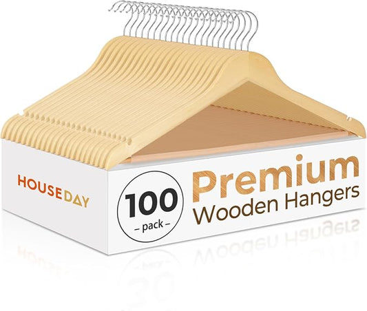 HOUSE DAY Premium Wooden Hangers 100 Pack, Heavy Duty & Durable Coat Hanger | Natural Wood Suit Hangers, 360° Swivel Hook & Pant Bar, Ideal for Jackets, Dresses, Shirts, Perfect for Closet Organization