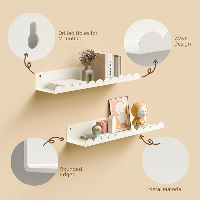 Nursery Book Shelves,Kids Bookshelf and Toy Storage,17 Inch Metal Floating Shelves Set of 4,Wall Shelves for Bedroom, Kids Room,Bathroom,Kitchen,Playroom Decor,Nursery Decor (White Metal, 17 inch)