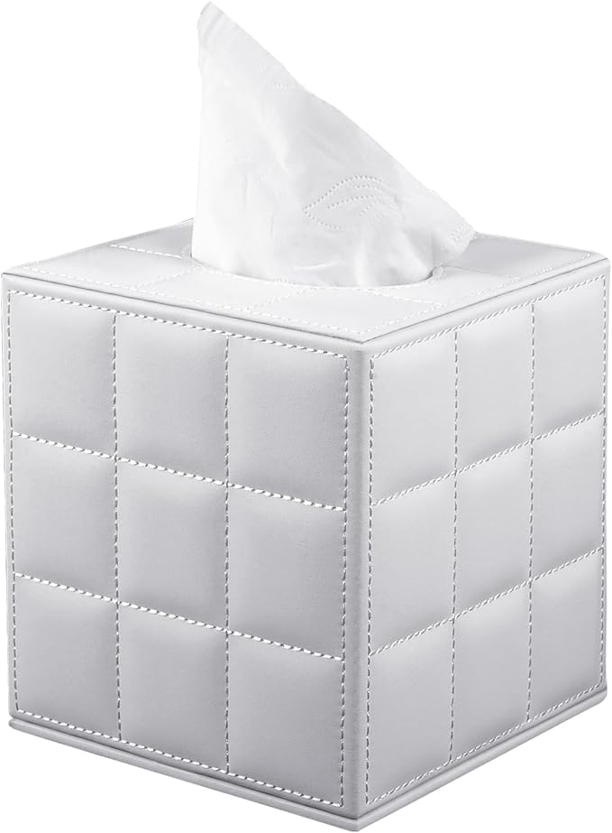 Tissue Box Cover Square Tissue Box Holder PU Leather Facial Organizer with Magnetic Bottom,Decorative Napkin Caddy for Vanity Dresser Night Stand Table Countertop Home Office Car,White
