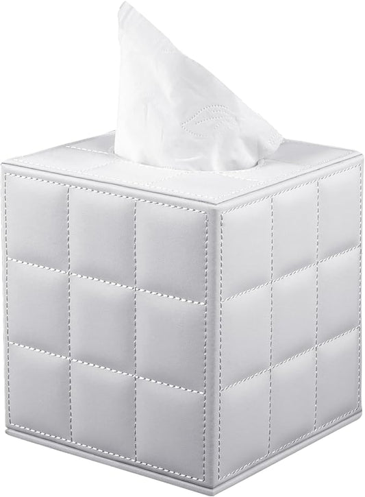 Tissue Box Cover Square Tissue Box Holder PU Leather Facial Organizer with Magnetic Bottom,Decorative Napkin Caddy for Vanity Dresser Night Stand Table Countertop Home Office Car,White