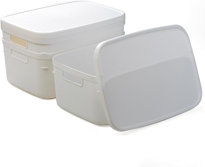 BINO | Plastic Storage Bins with Lids, 13 Liter - 3 Pack, White | THE TWILL COLLECTION | Plastic Bins for Organization | Woven Storage Baskets for Organizing | Pantry Shelf Organizer Basket Bin