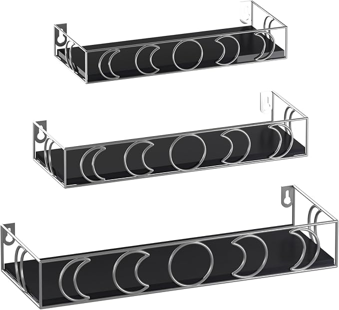 Moon Phase Wall Shelves Black Silver, 3 Pack Small Floating Book Plant Shelves for Bedroom Kid Room, Decorative Storage Display Shelf for Crystal Figurine Collectibles