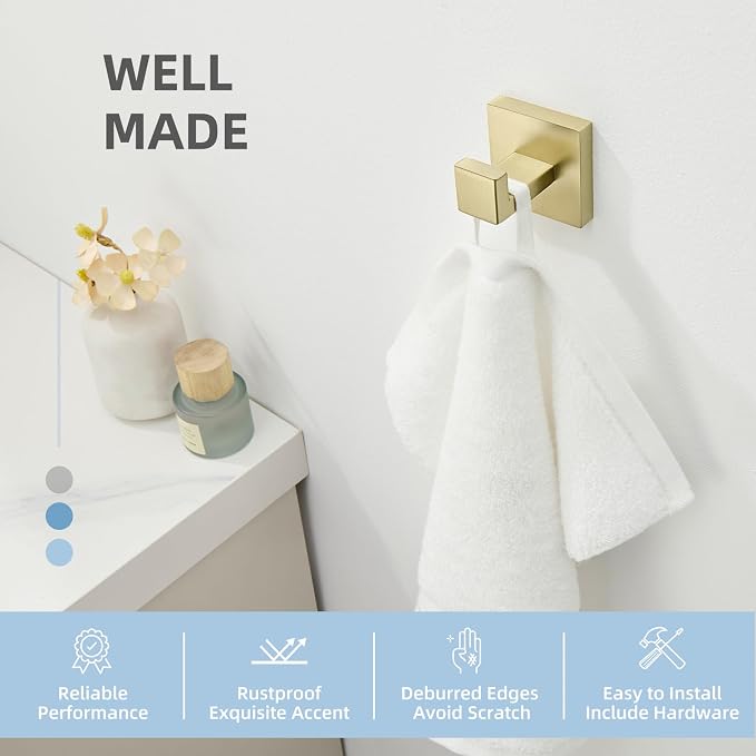 Angle Simple Bathroom Towel Hook Brushed Gold, SUS304 Stainless Steel Hand Towel Holder, Robe Hat Coat Hook for Wall Mount