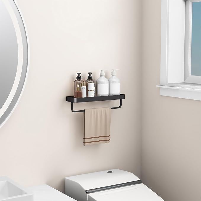 Danpoo 16 Inch Long Floating Bathroom Shelf with Towel Bar, Clear Tempered Glass Wall Shelf with Hand Towel Holder for Bathroom Storage Organizer, Matte Black