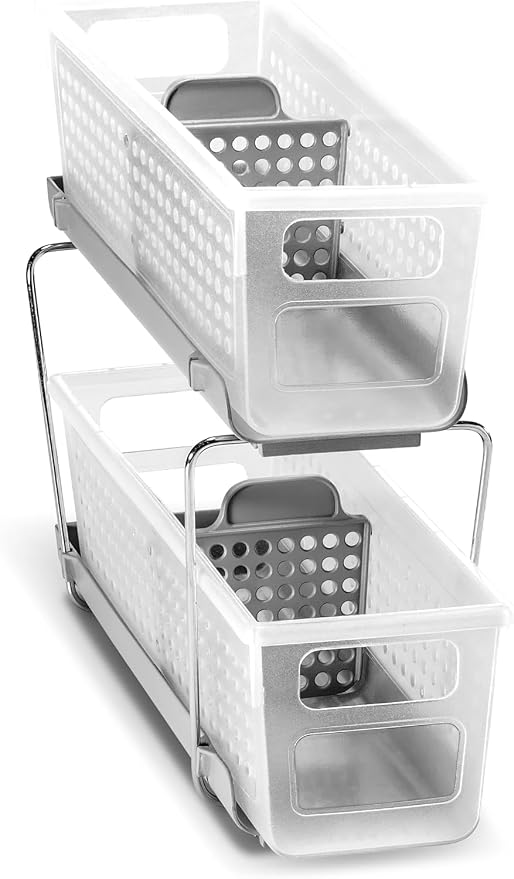 madesmart Mini 2-Tier Organizer, Multi-Purpose Slide-Out Storage with Handles and Dividers for Home and Bath, Frost