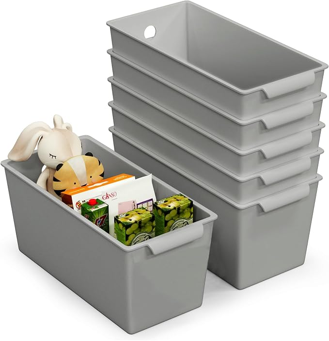Plastic Storage Bins 6 Pack, Front Handle Design, 11"x5" Pantry Organization and Storage Open Top Baskets for Shelves Closet Cabinet Sink Counter Cupboard Drawer Rridge (Gray)