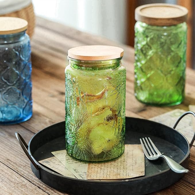 ANSQU Set of 2 Vintage Glass Jars, 34oz Candy Jars with Lids, Vintage Colored Mason Jar for Kitchen Decorative Jars for Coffee Tea Candy Cookies, Cute Jar (Blue & Green)
