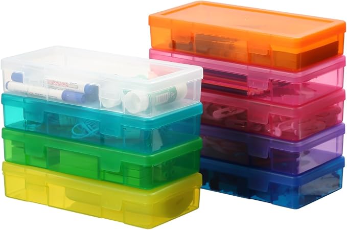 novelinks Clear Pencil Box and Small Plastic Storage Containers with Lids | 9 Pack, Medium Color, Plastic Pencil Boxes, Board Game Storage Containers, Task Boxes for Special Education, Mini Organizer