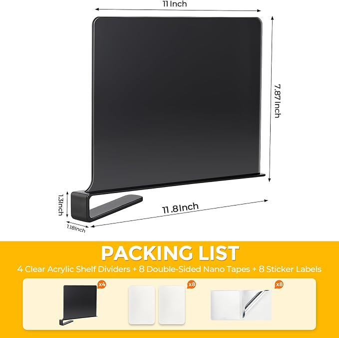Matte Black Acrylic Shelf Dividers for Closets Organizer & Storage,6 Pack | Adjustable Vertical Wood Shelf Closet Separators, Keep Clean, for Clothes,Book,Bags, in Bedroom and Kitchen