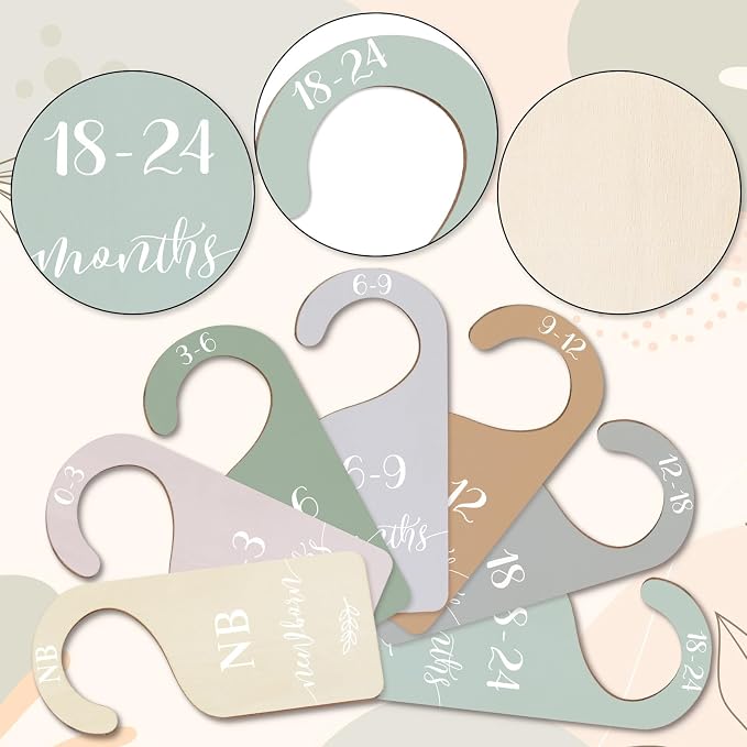 Whaline 7 Pcs Terrazzo Wood Baby Closet Size Dividers with White Velvet Bag Newborn to 24 Month Thicken Infant Wardrobe Hanger Organizers for Home Nursery Party Supplies