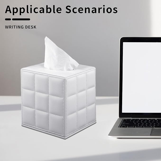 Tissue Box Cover Square Tissue Box Holder PU Leather Facial Organizer with Magnetic Bottom,Decorative Napkin Caddy for Vanity Dresser Night Stand Table Countertop Home Office Car,White