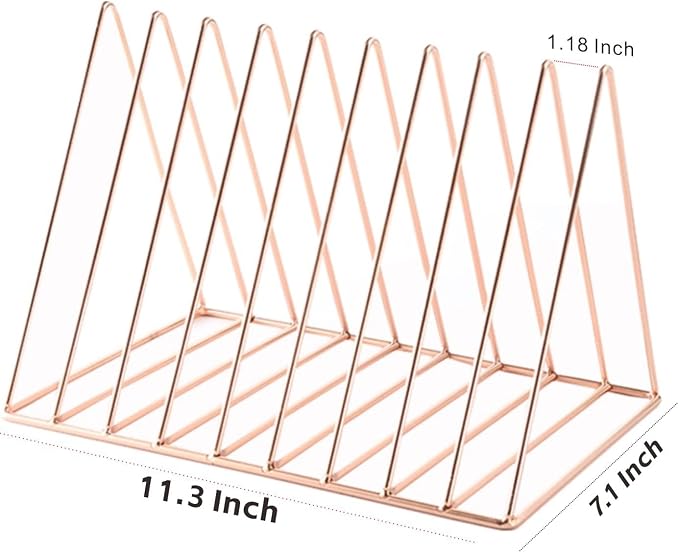 Rose Gold Metal Vinyl Record Holder,Vertical Record Player Holder,File Organizer for Desk,Desktop File Sorters,Paper Organizer and Record Holder Stand,Triangle Upright 9 Lattice Vinyl Rack Stand,1Pack