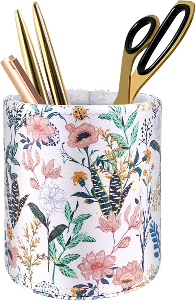 Large Capacity Floral Pen Holder for Desk, Leather Pencil Holder Pen Cup Marker Holder Makeup Brush Holder, Desk Accessories & Workspace Organizers for Home, Office, White Flower