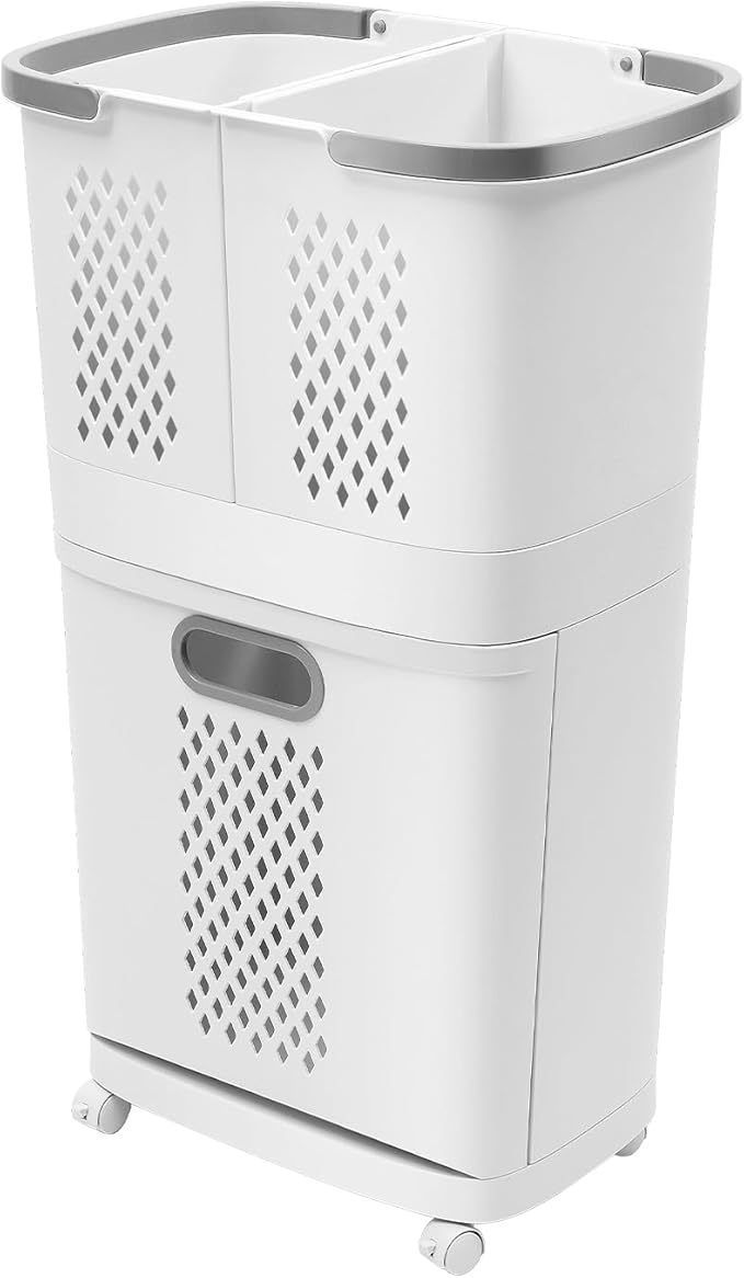 2 Tier Rolling Laundry Hamper Sorter Removable Clothes Hamper Organizer with Wheels White Portable Storage Baskets for Bedroom Laundry Room Bathroom