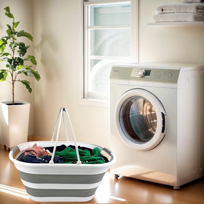 SAMMART 38L (10 Gallons) Collapsible Plastic Laundry Basket - Foldable Storage Container/Organizer - Portable Washing Tub - Space Saving Laundry Hamper (White/Grey)