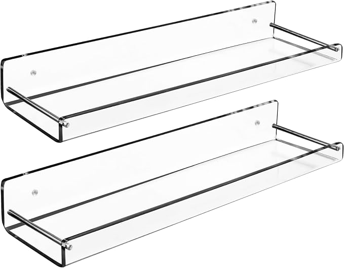 AMT 2 Pack Acrylic Bathroom Shelves 15 Inch Clear Floating Wall Mounted Storage Bookshelf, Invisible Display for Office, Bedroom, Small Gap for Water to Escape, Free Screws & Drill Bit (Medium)