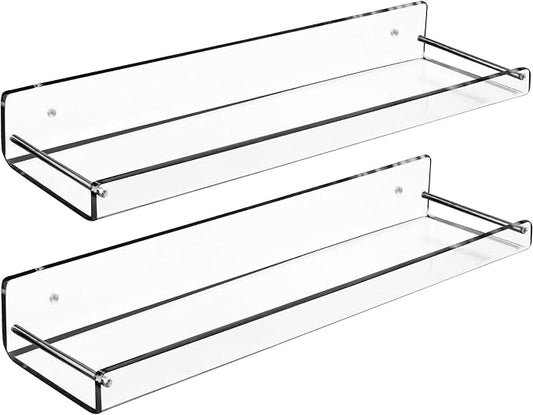 AMT 2 Pack Acrylic Bathroom Shelves 15 Inch Clear Floating Wall Mounted Storage Bookshelf, Invisible Display for Office, Bedroom, Small Gap for Water to Escape, Free Screws & Drill Bit (Medium)