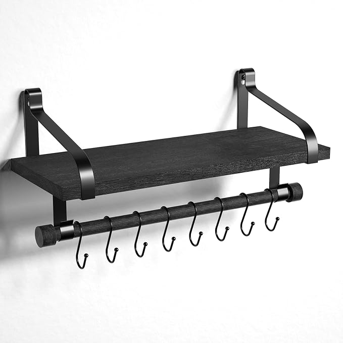 Love-KANKEI 17.3" Floating Wall Shelf Solid Wood/Bracket,Coffee Bar,Black | Spice Rack,Towel Bar/8 Hooks,40 Lbs/shelf,Easy to Install,For Kitchen,Bathroom,Living Room,Bedroom,Office,Entryway Display