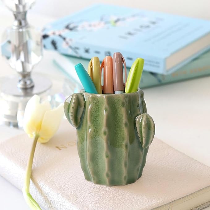 Ceramic Cactus Pen Holder, Cactus Decor Cute Pencil Holder, Makeup Brush Holder for Home, Office Desk Accessories(Light Green Cactus)