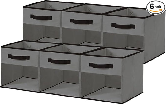 DECOMOMO Storage Bins, Cube Storage Bin with Window | 11" Cube, 6 Pack, Fabric Storage Cubes for Shelves (Grey)