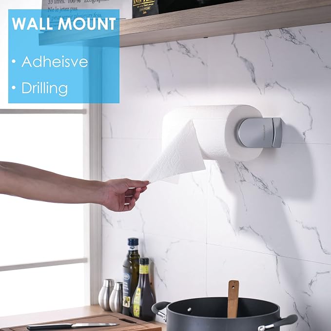 simpletome ONE Hand Paper Towel Holder Under Cabinet (Pearl Chrome Silver) | tension arms, tear one/more sheets at one time | aluminum alloy+abs | adhesive or drilling for wall/cabinet | for 28cm roll