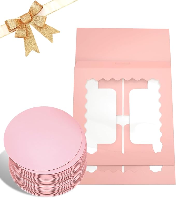qiqee 10"x10"x5" Cake Box, 36 Sets Pink Cake Box with Window ＆ 36 Sets 10" Pink Cake Round Boards, for Cake, Treat Cookie Dessert, Pastry, Birthday Party, Weddings