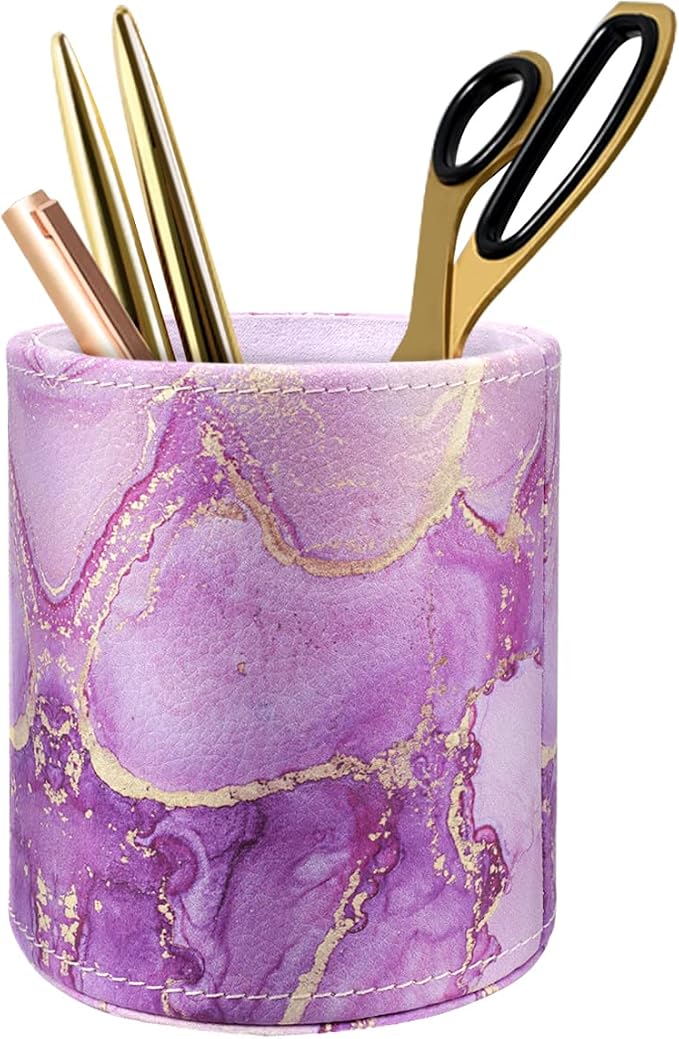Large Capacity Colored Pen Holder for Desk, Leather Pencil Holder Pen Cup Marker Holder Makeup Brush Holders, Desk Accessories & Workspace Organizers for Home, Office, Purple Marble