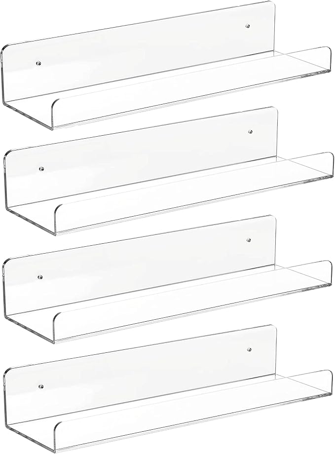CY craft 4 PCS Clear Acrylic Floating Wall Ledge Shelf 15 Inch Wall Mounted Nursery Kids Bookshelf, Invisible Hanging Shelves for Wall Storage,Toy Picture Ledge Display Shelf Bathroom Storage Shelves