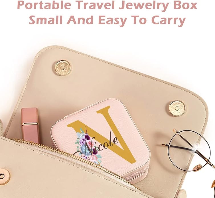 Bridesmaid Gifts Jewelry Box Personalized Small Jewelry Travel Case Custom PU Leather Portable Bridesmaid Proposal Boxes Mini Jewellery Organizer Storage Earrings Rings Necklaces for Women Girls-Pink